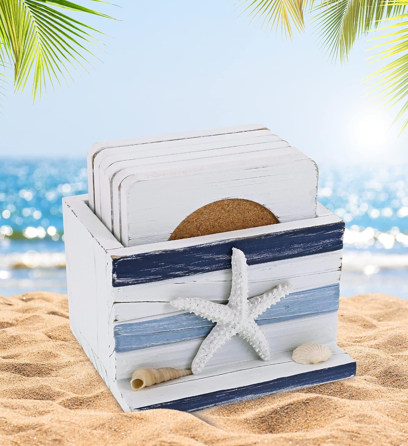 COTA Global Stripes Nautical Wooden Coaster Set / Blue