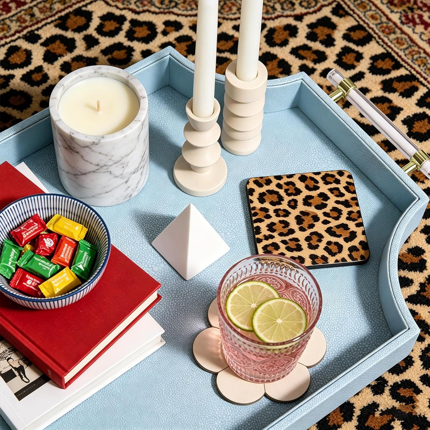 22.6'' x 13'' Coffee Table Tray Shagreen Decorative Tray for Ottoman / Baby Blue / 22.6 x 13 x 2