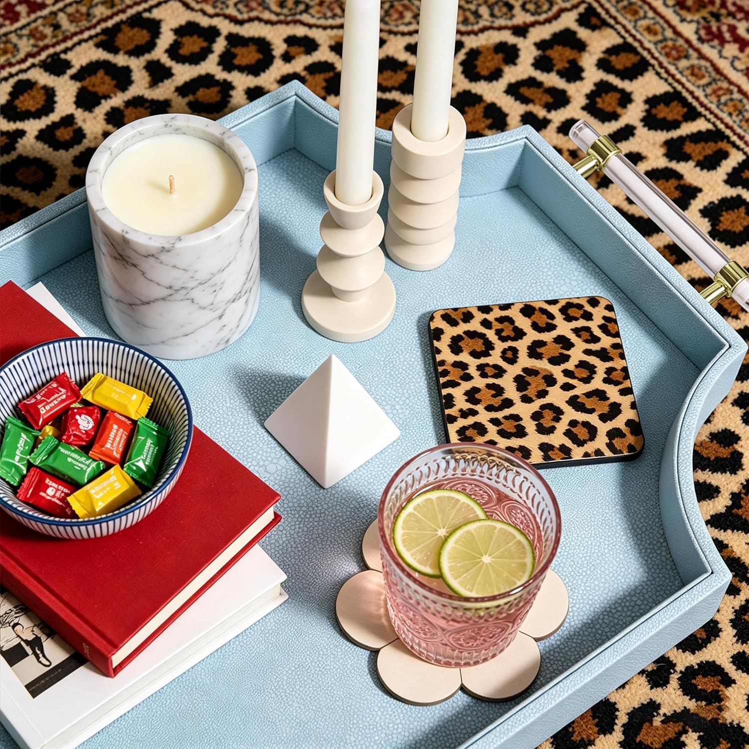 22.6'' x 13'' Coffee Table Tray Shagreen Decorative Tray for Ottoman / Baby Blue / 22.6 x 13 x 2