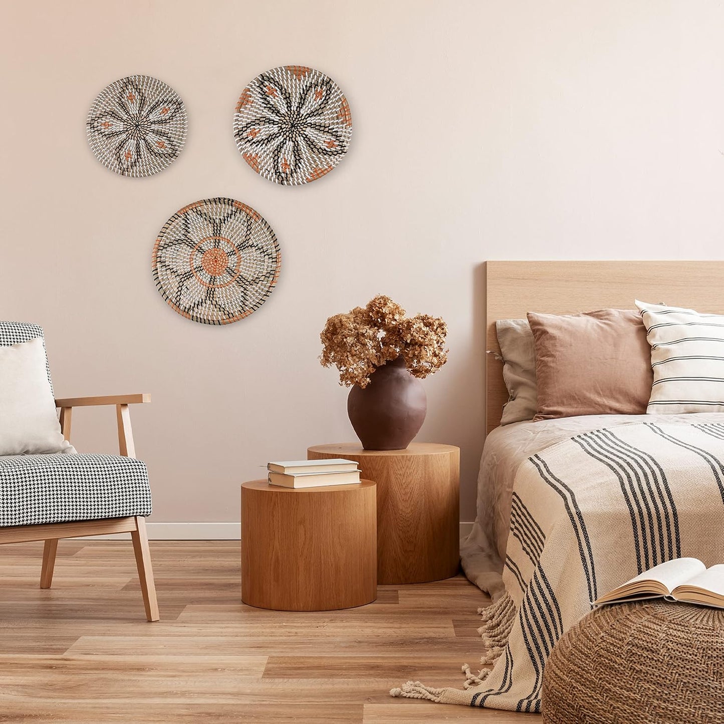 Modern Boho Rustic Wicker Hanging Wall Baskets / Natural / Set of 3