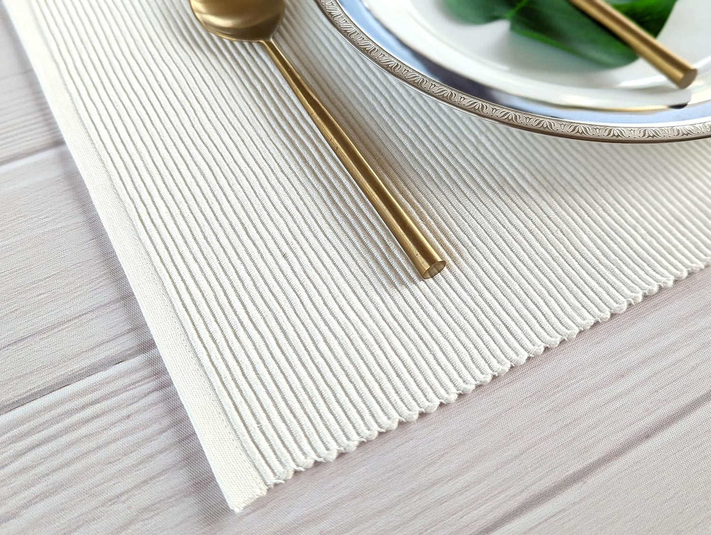 100% Cotton Ribbed Placemats - Set of 8-13 x 19 Inches - Off White - Everyday Cloth Table Mats - Thick Construction