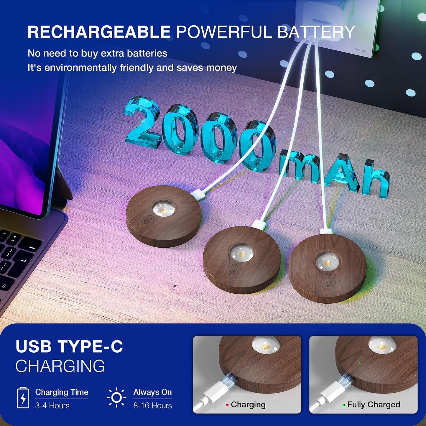 UNUSROOM Rechargeable RGB Puck Lights with Remote Control, Wireless Under Cabinet Lighting,13 Color Changing Lights