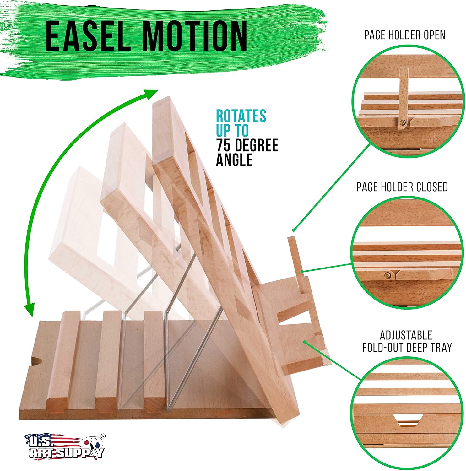 U.S. Art Supply Large Wooden Table Easel - Adjustable Incline, 2 Page Holders - Functions as Wooden Cookbook Stand