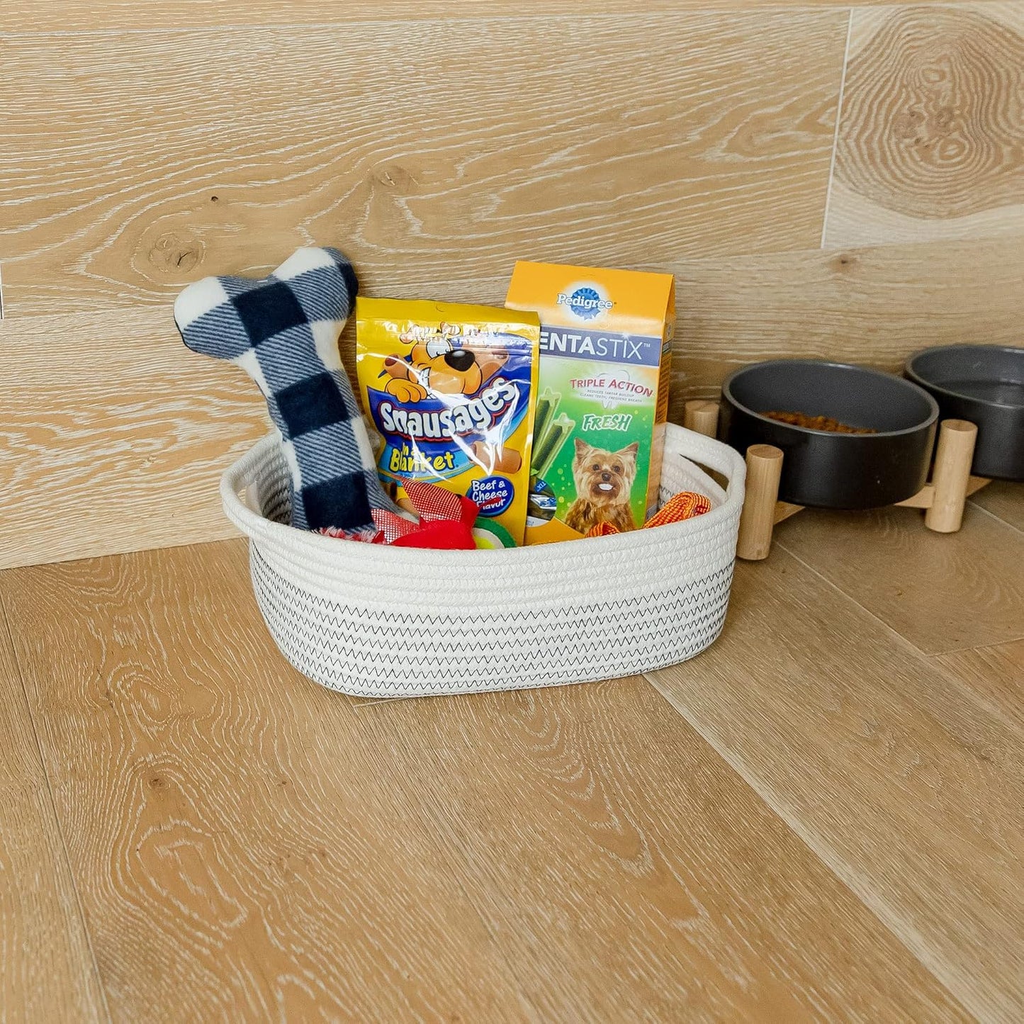 5-Piece Rectangle Storage Basket Set- Natural Cotton Rope Woven Baskets / Black Stitching