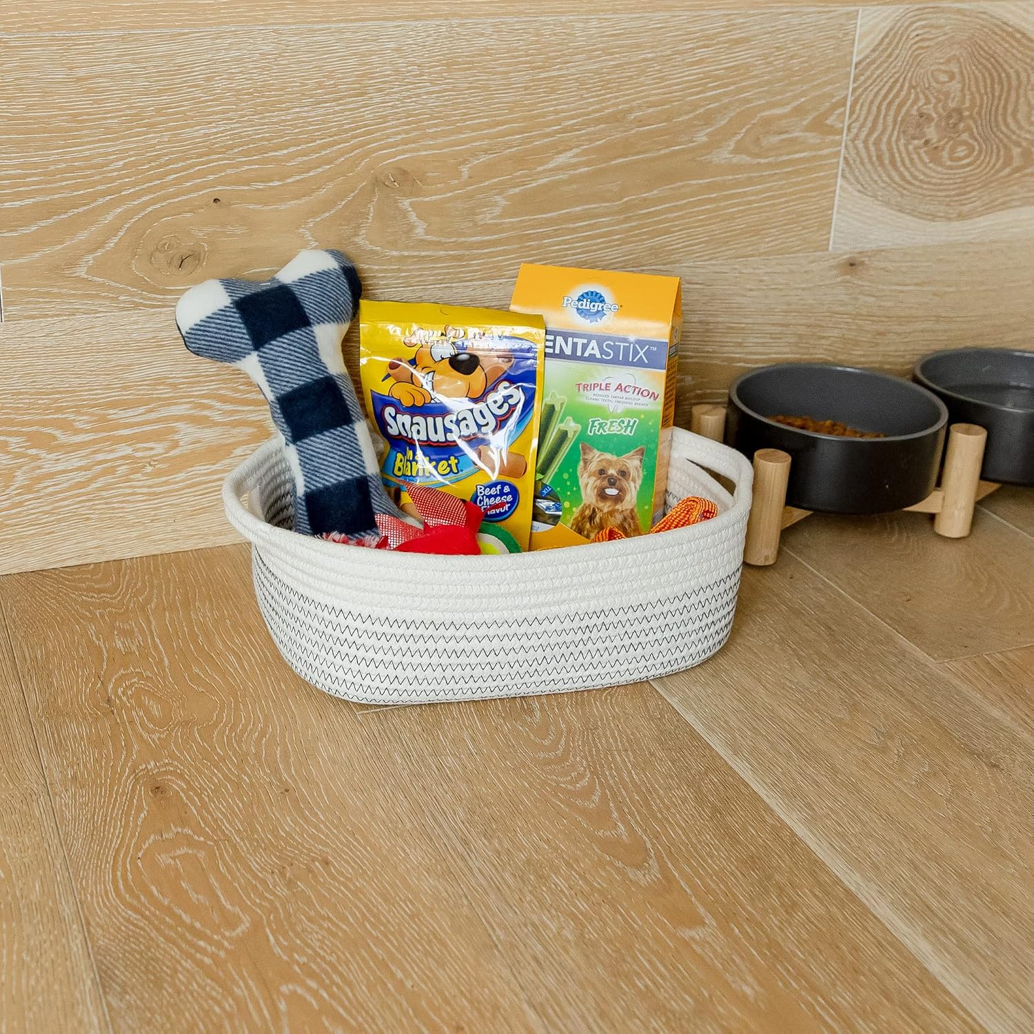 5-Piece Rectangle Storage Basket Set- Natural Cotton Rope Woven Baskets / Black Stitching