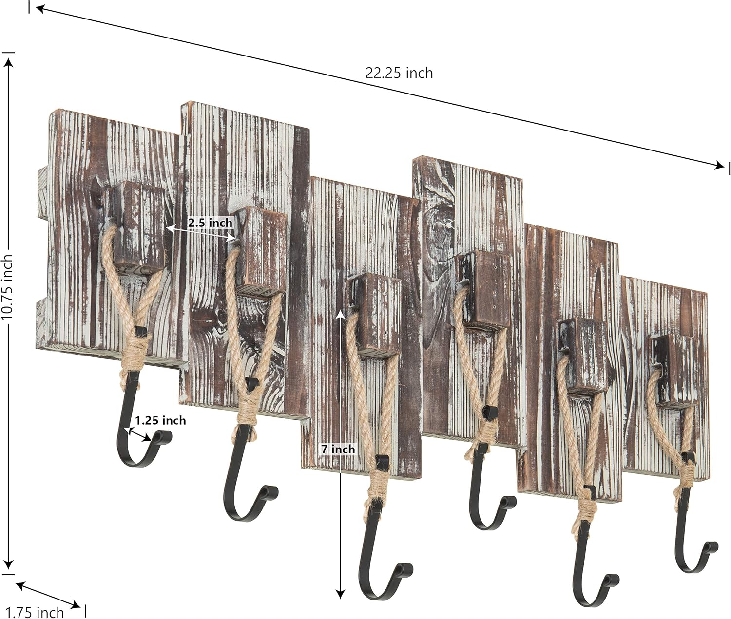 6 Hook Wall Mounted Entryway Coat and Hat Rack / Torched Wood