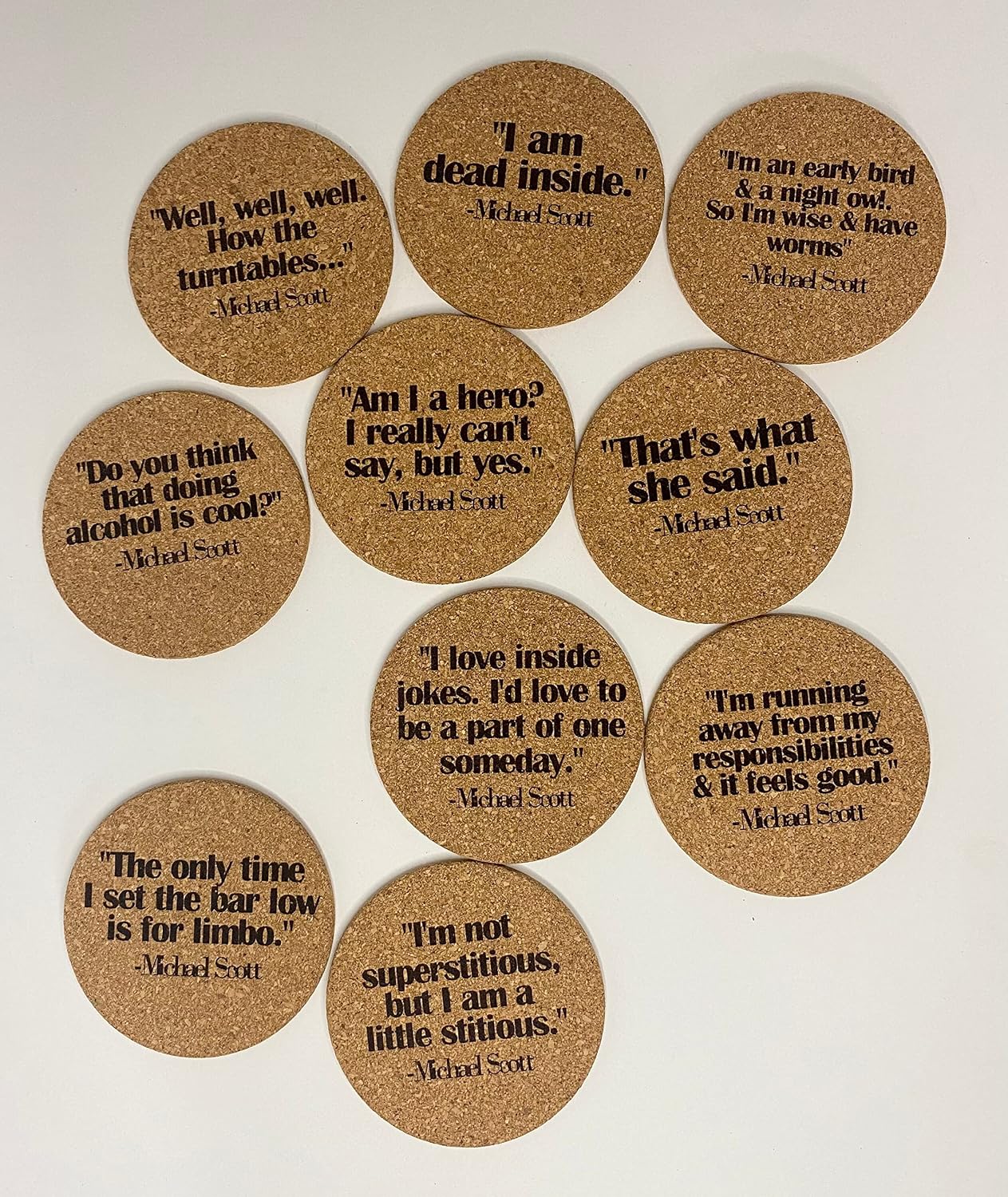 Bar Coaster Set / Set of Ten The Office Michael Scott Quote Cork Coasters