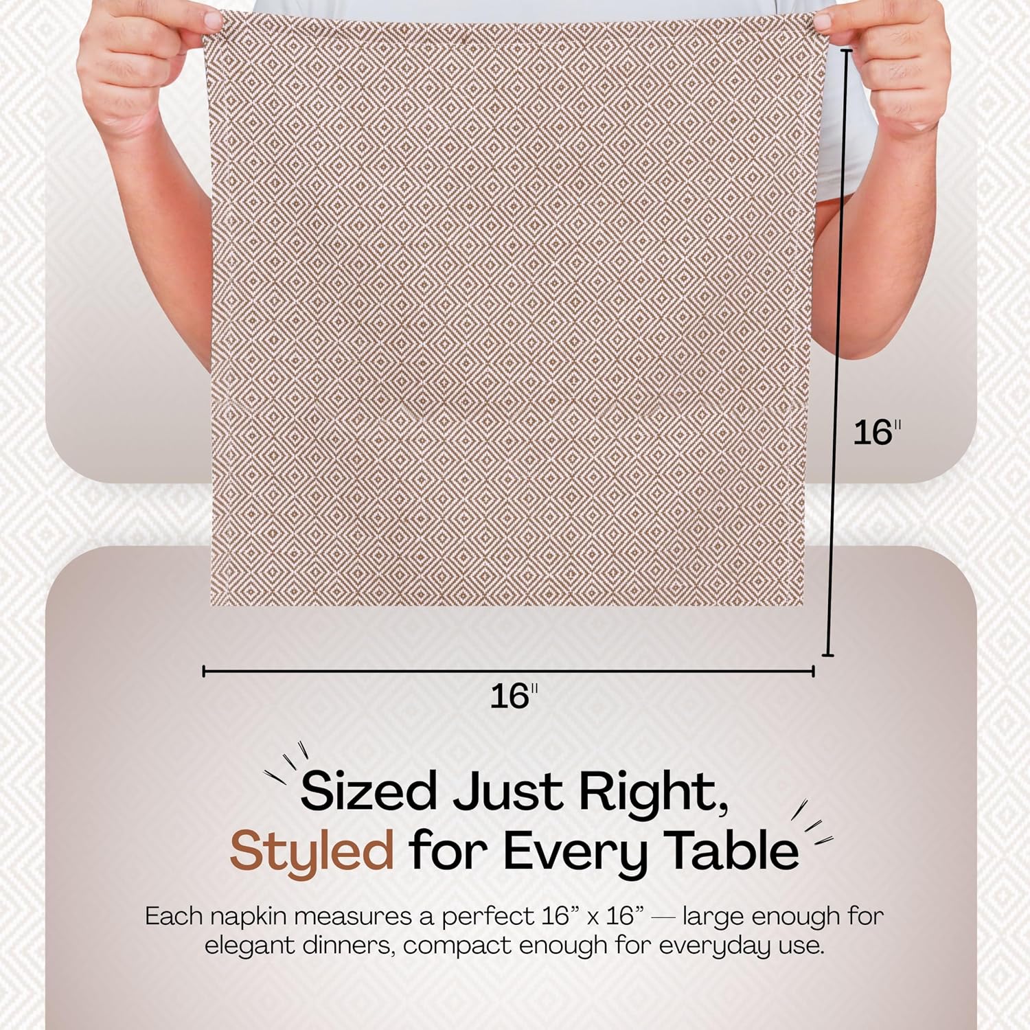 Brown Cloth Napkins Set of 12, Diamond Pattern Weave, 16x16 Inch, 100% Cotton, Durable & Washable Fabric Table Linen