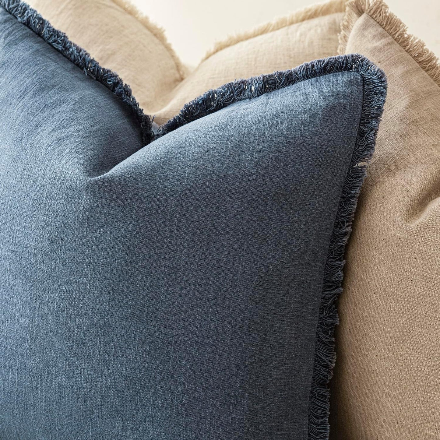 Decorative Linen Fringe Throw Pillow Covers Farmhouse Cushion / 18 x 18 / Blue Ashes / Set of 2