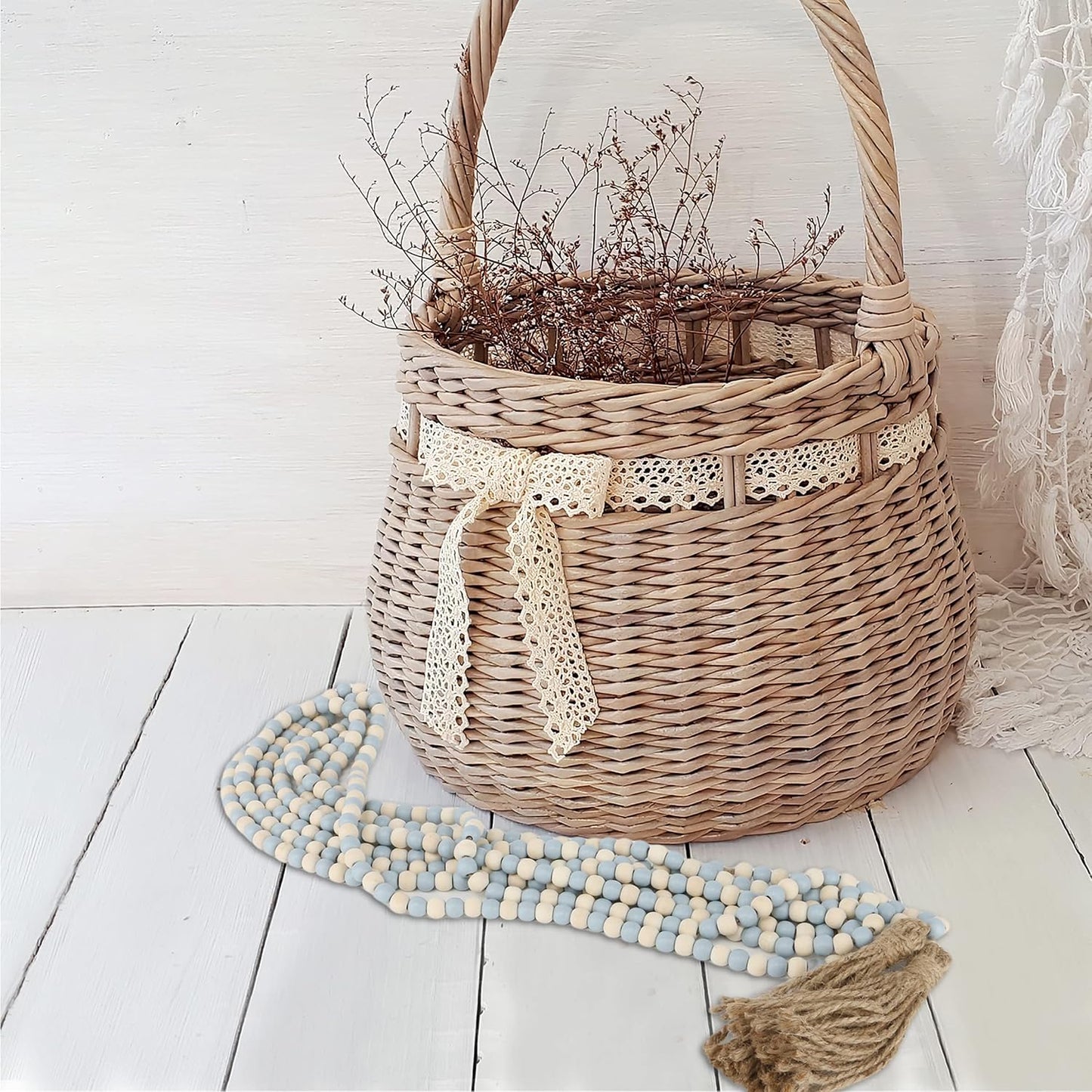 Wood Beads Garland / Mix Light Blue and Beige