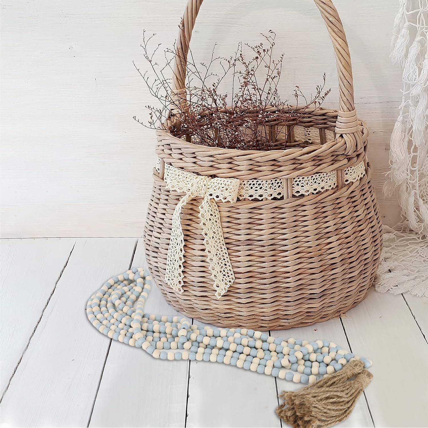 Wood Beads Garland / Mix Light Blue and Beige