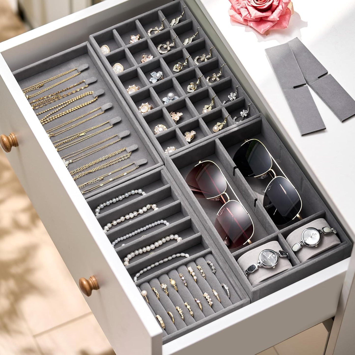 Velvet Jewelry Drawer Organizer Trays / Grey / Compact