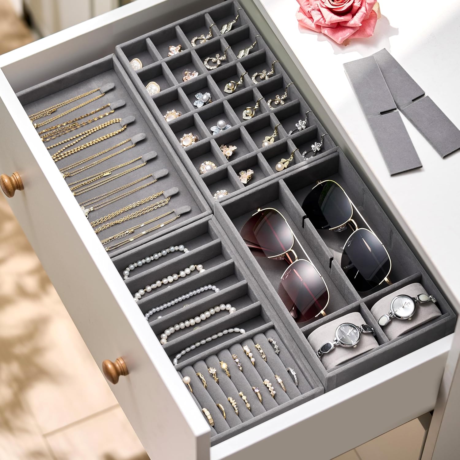 Velvet Jewelry Drawer Organizer Trays / Grey / Compact