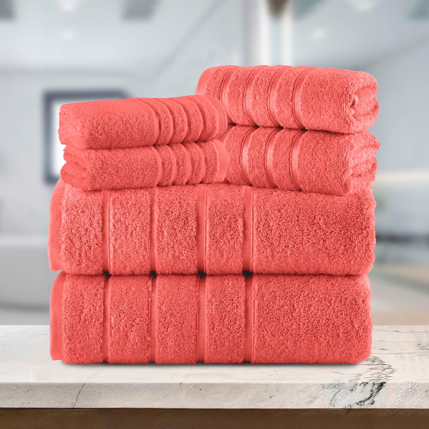 Elegant Comfort 4 Lines Viscose Stripe 6-Piece Premium Towel Set - 100% Turkish Cotton High Absorbent Luxury Bathroom