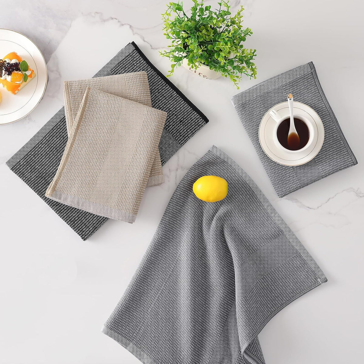 Mordimy Cotton Kitchen Towels (18"x 28", 12 Pack), Grey/Khaki/Black | 100% Ring Spun Cotton, Super Absorbent, 380 GSM