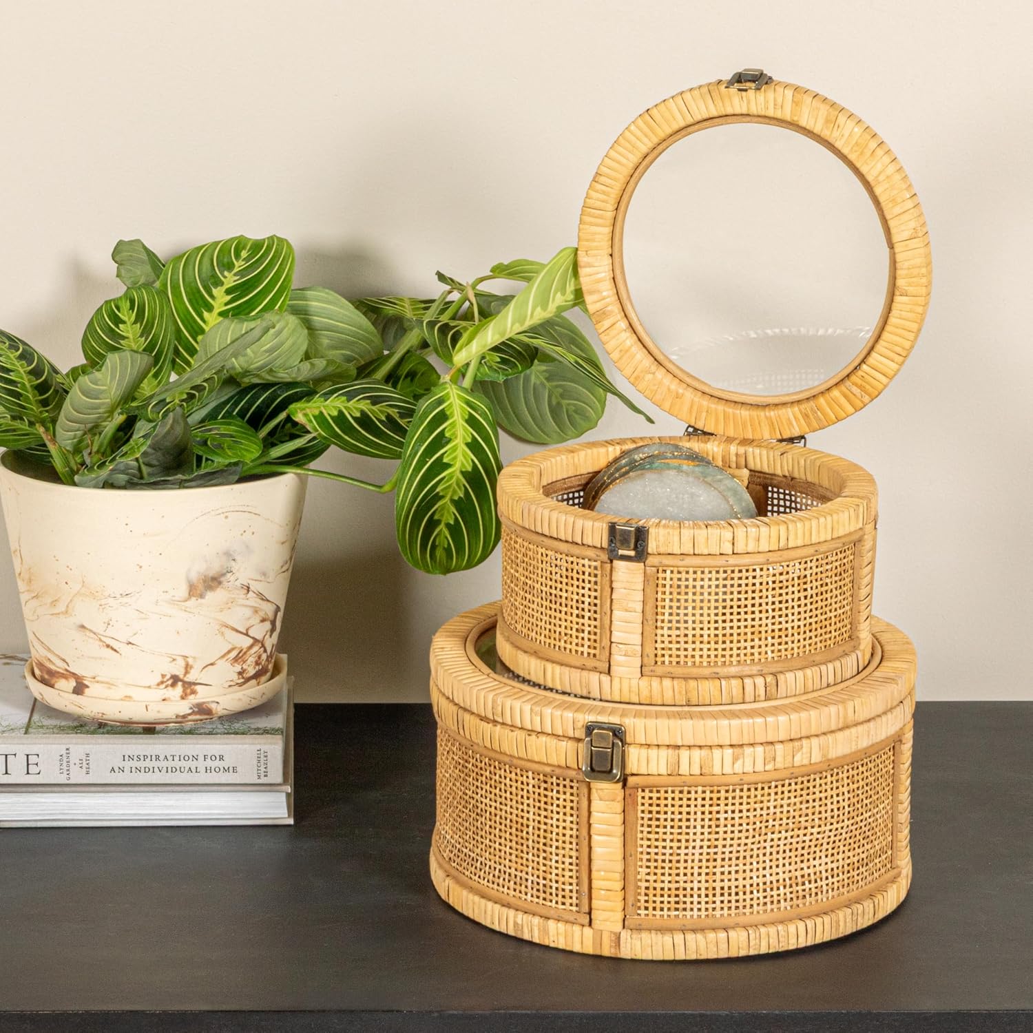 Rattan and Bamboo Nestable Round Storage / Natural / Set of 2