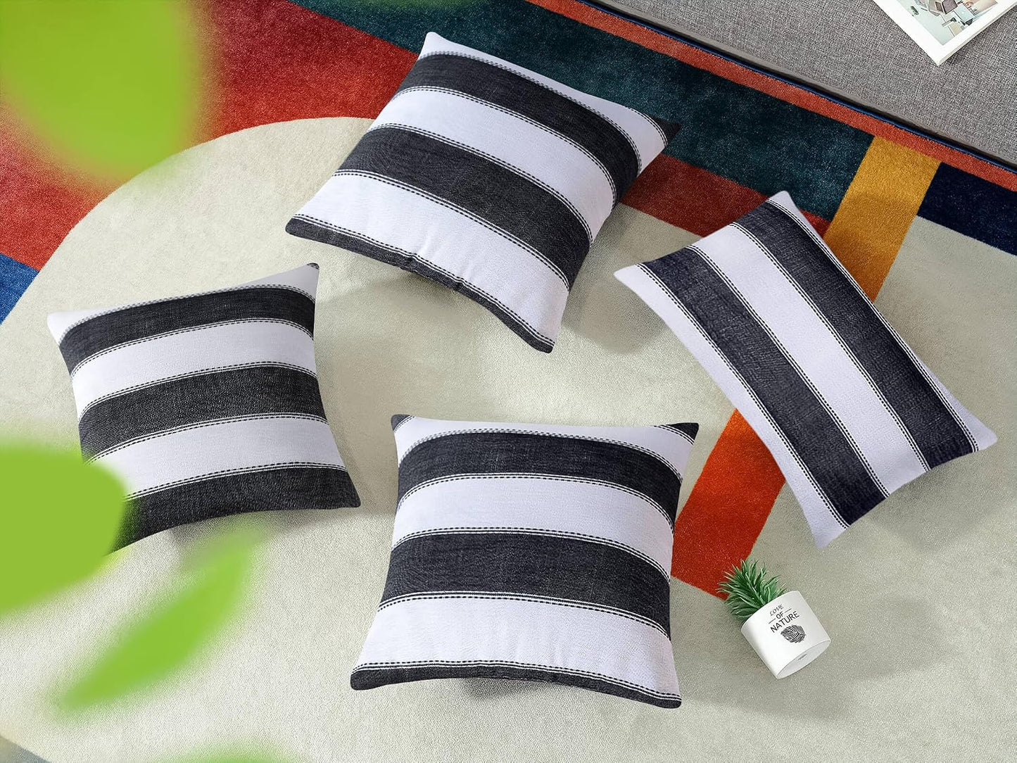 Farmhouse Stripe Check Throw Pillow Covers Set Case Cotton Linen / 18 x 18 / Black / Set of 2