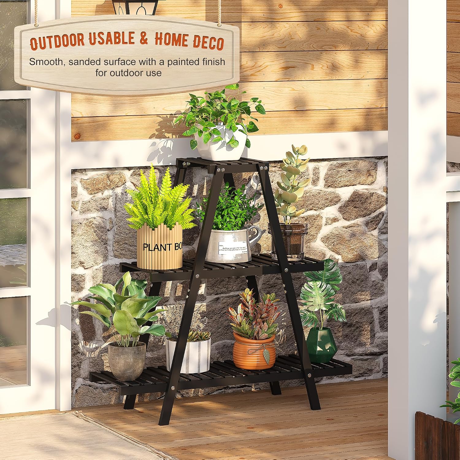 GHWIE Plant Stand Indoor Plant Shelf Outdoor bamboo Plant Rack, 3 Tiers Ladder Plant Holder Flower Stand for Living