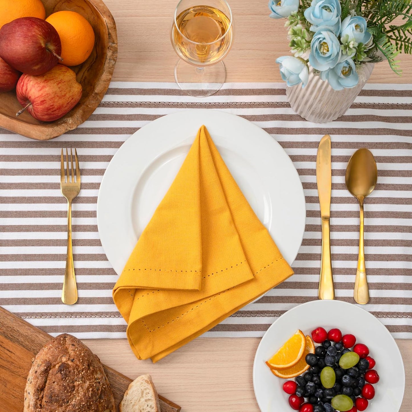 Blue Needles Set of 12 Hemstitch Linen Napkins 100% Cotton Golden Yellow Cloth Dinner Napkins 18x18 inches, Soft