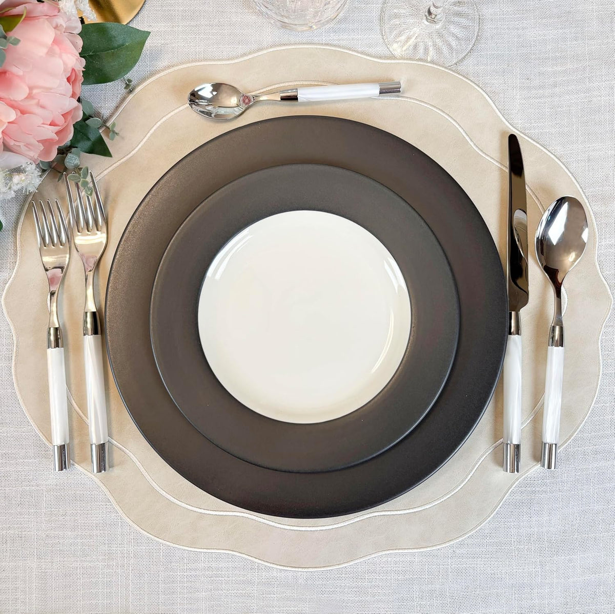 Embroidered Scalloped Faux Leather Wipeable Placemats Set of 4, Ivory | Bryonia PU Earth Tone Soft Luxury Dinner Table