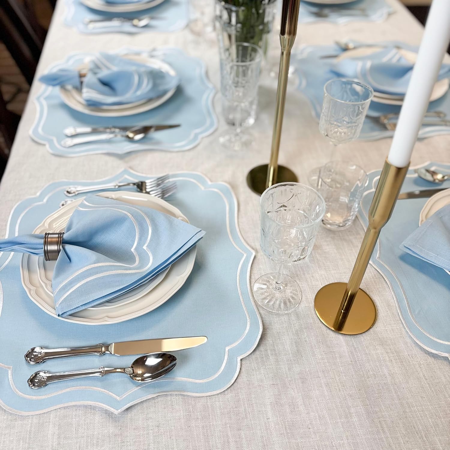Cotton Linen Scalloped & Embroidered Placemats Set of 4, Light Blue | Bryonia Double Layered Machine Washable Cloth