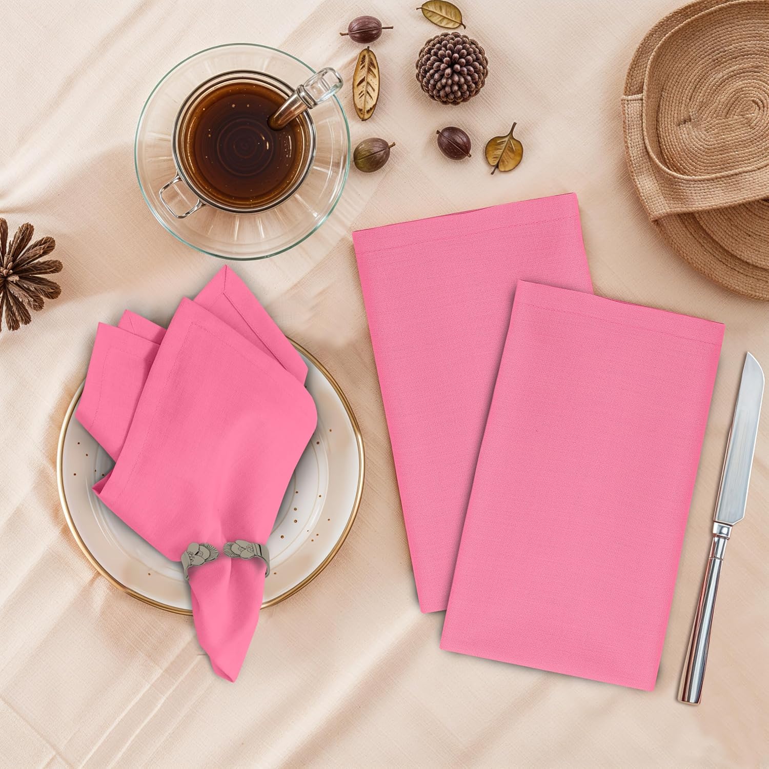 Ruvanti Cloth Napkins Set of 12, 100% Cotton 18”x18” - Pink | Washable, Soft, Durable & Absorbent Everyday Napkins. For