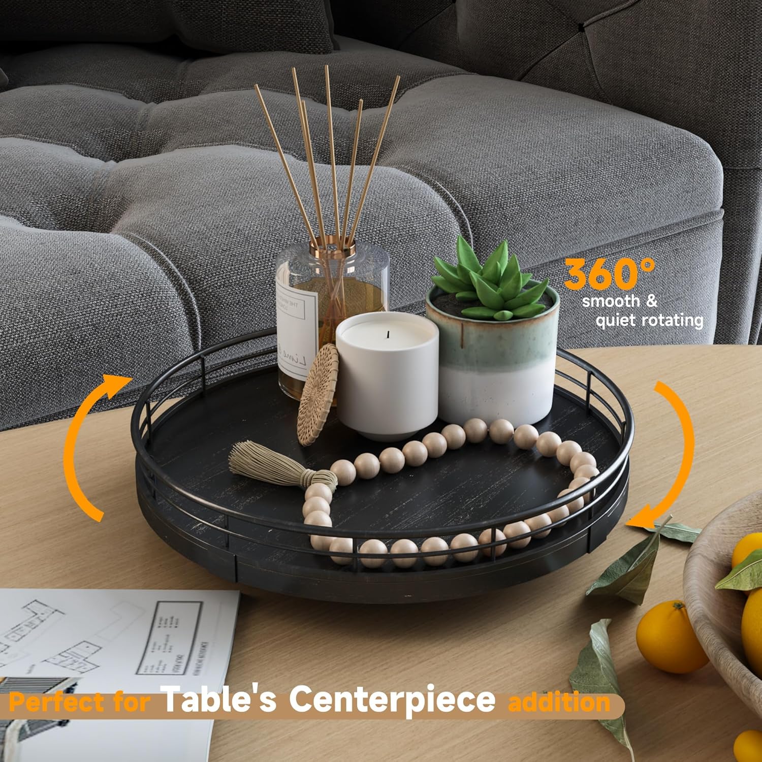 Round Wooden Decorative Tray / Black / 9 Inches