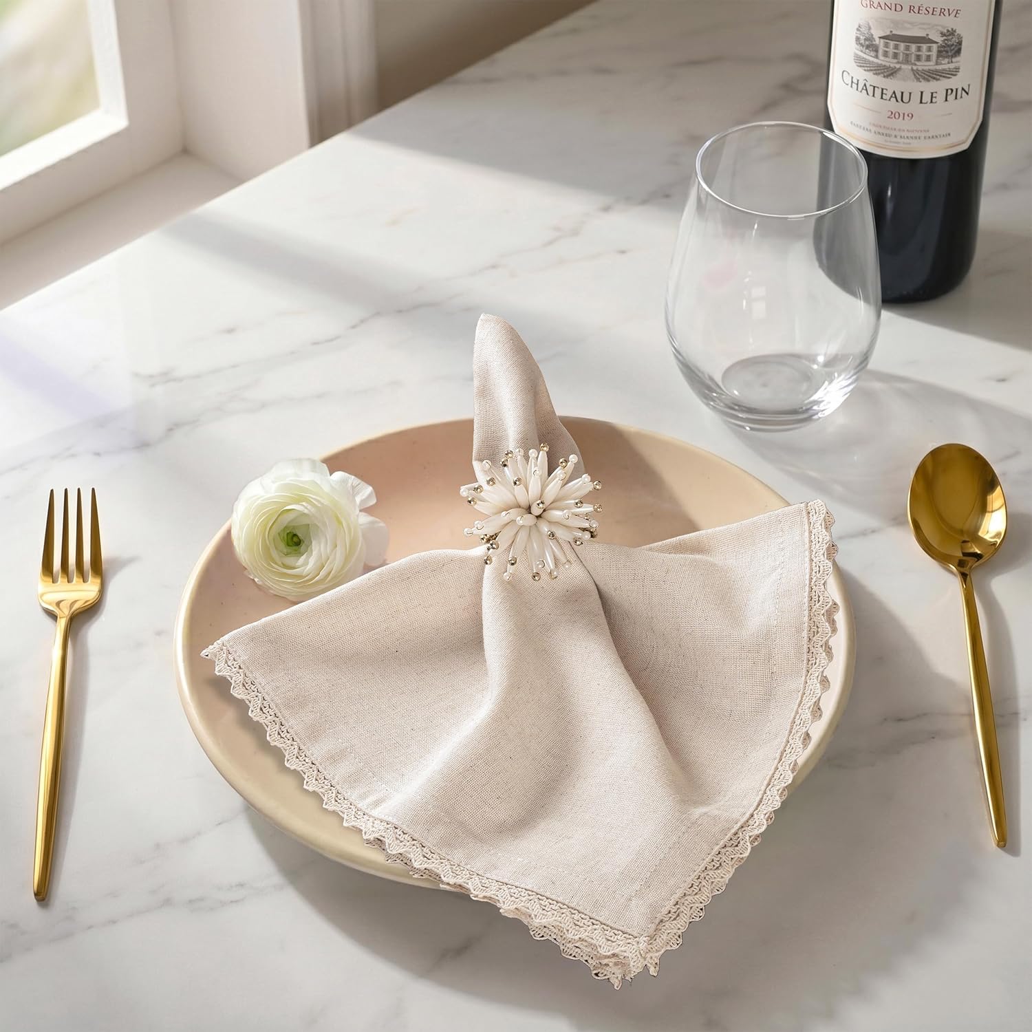 FINGERCRAFT Lace Cloth Napkins, Cotton Linen, 12 Pack, 20x20 Inch, Ivory | Premium Crochet lace, mitered Corners