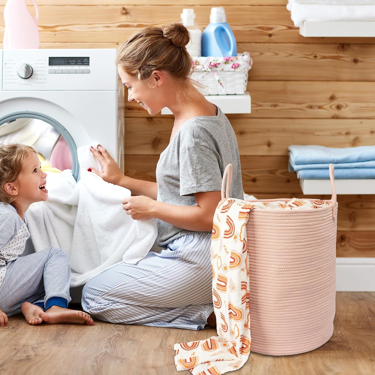 Cotton Rope Laundry Basket Hamper for Clothes Woven Storage Basket / Coral Pink / Regular