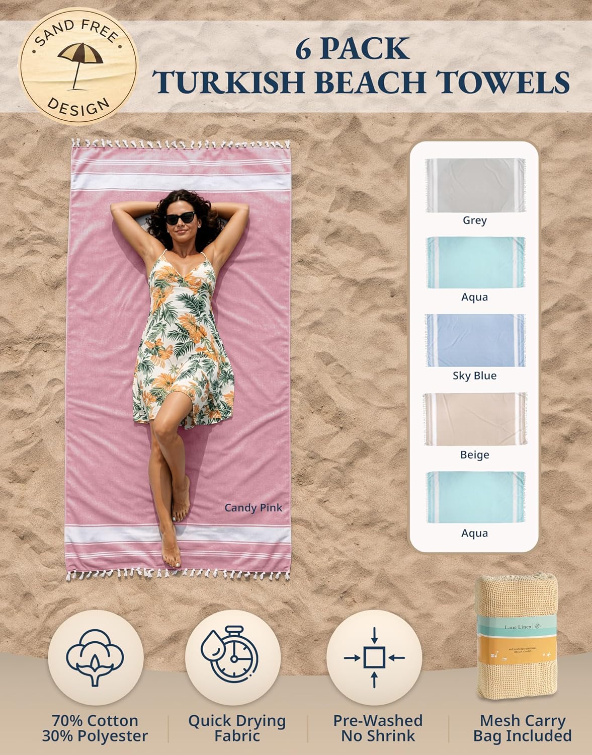 LANE LINEN Turkish Beach Towels for Women, 6 Pcs, Sand Free - Vintage Beach | Large 39"x71", Pre-Washed - No-Shrink