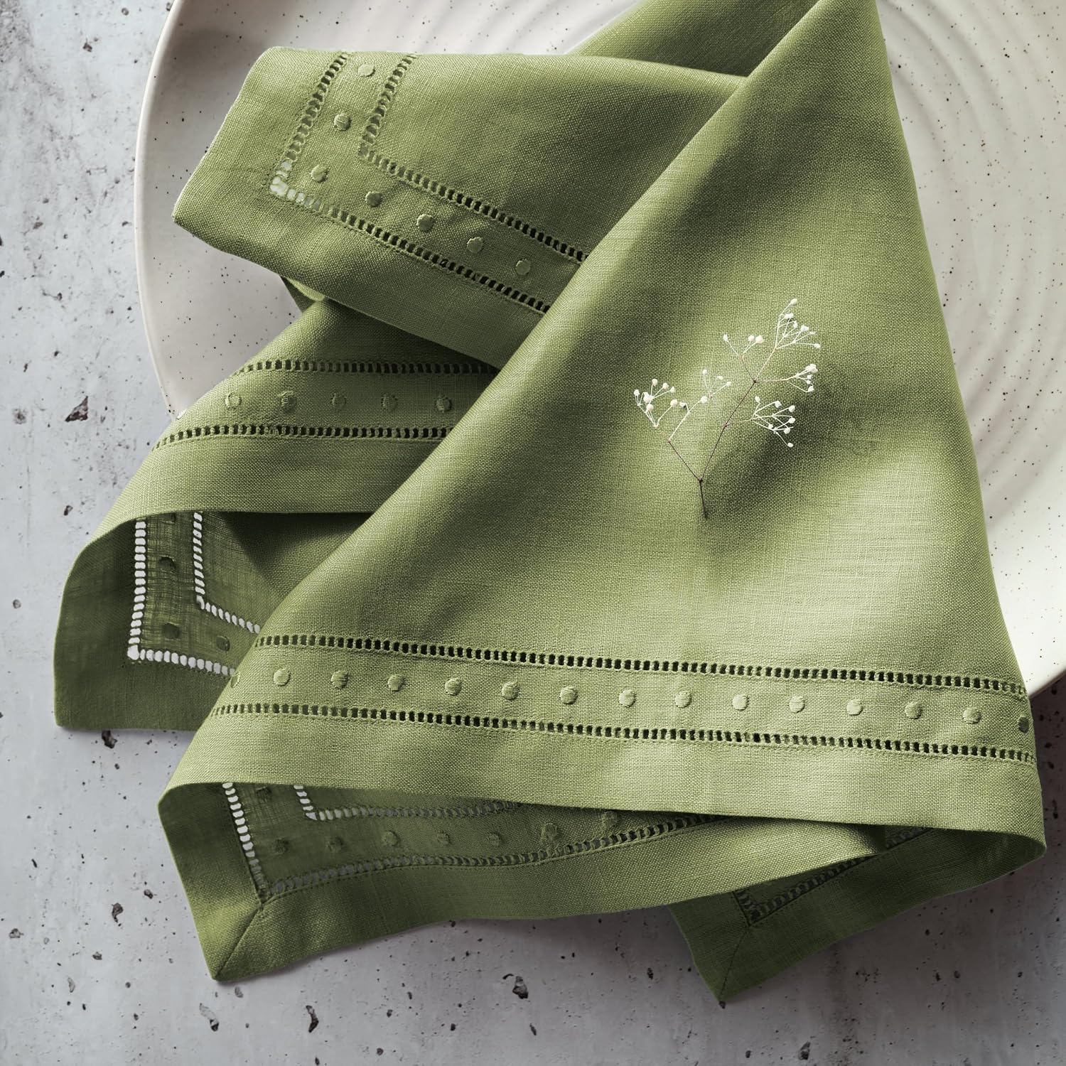 Linen Napkins 18 x 18 inch - 100% Flax Linen Olive Green Dinner Napkins with Embroidered Dot 18 x 18 inch - Hemstitch