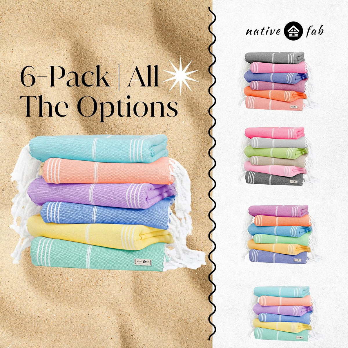 Native Fab Turkish Cotton Beach Towels Set of 6, Oversized 40x71 Inches, Thin & Lightweight, Quick Drying, Sand