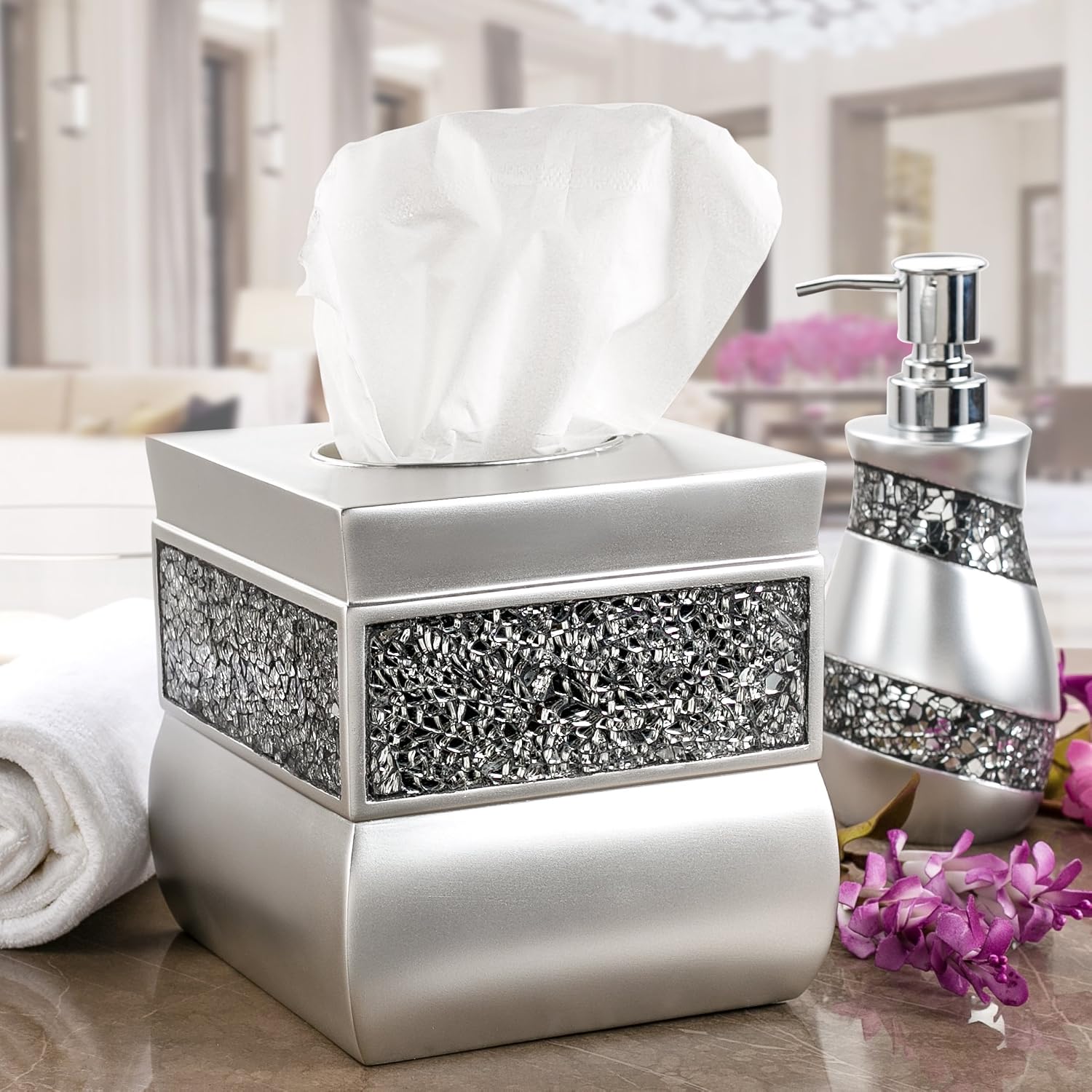 Crackled Glass Silver Square Resin Tissue Box Cover with Bottom Slider