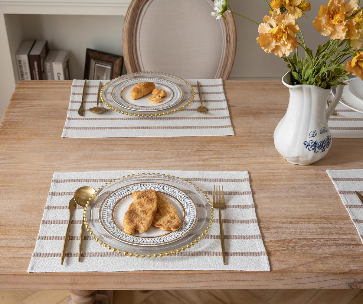 Caflife Boho Farmhouse Placemats Set of 6, Taupe Stripes Cotton Linen Woven Table Mats for Modern Dining Table, 13x19