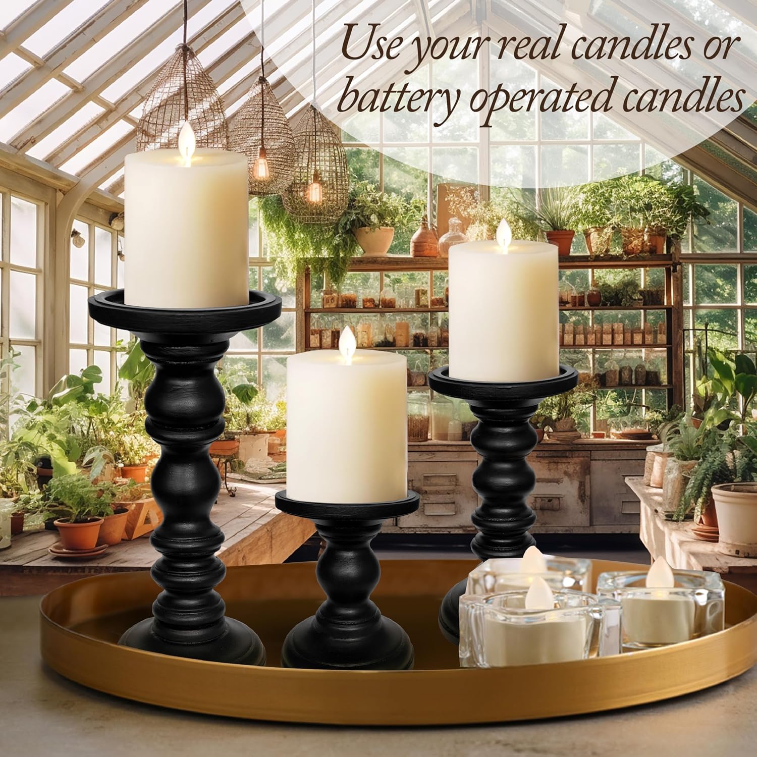 Satin Black Candle Holders for Pillar Candles (Set of 3) Tall Large Rustic Pillar Candlestick Stands - Fits Both 4 inch