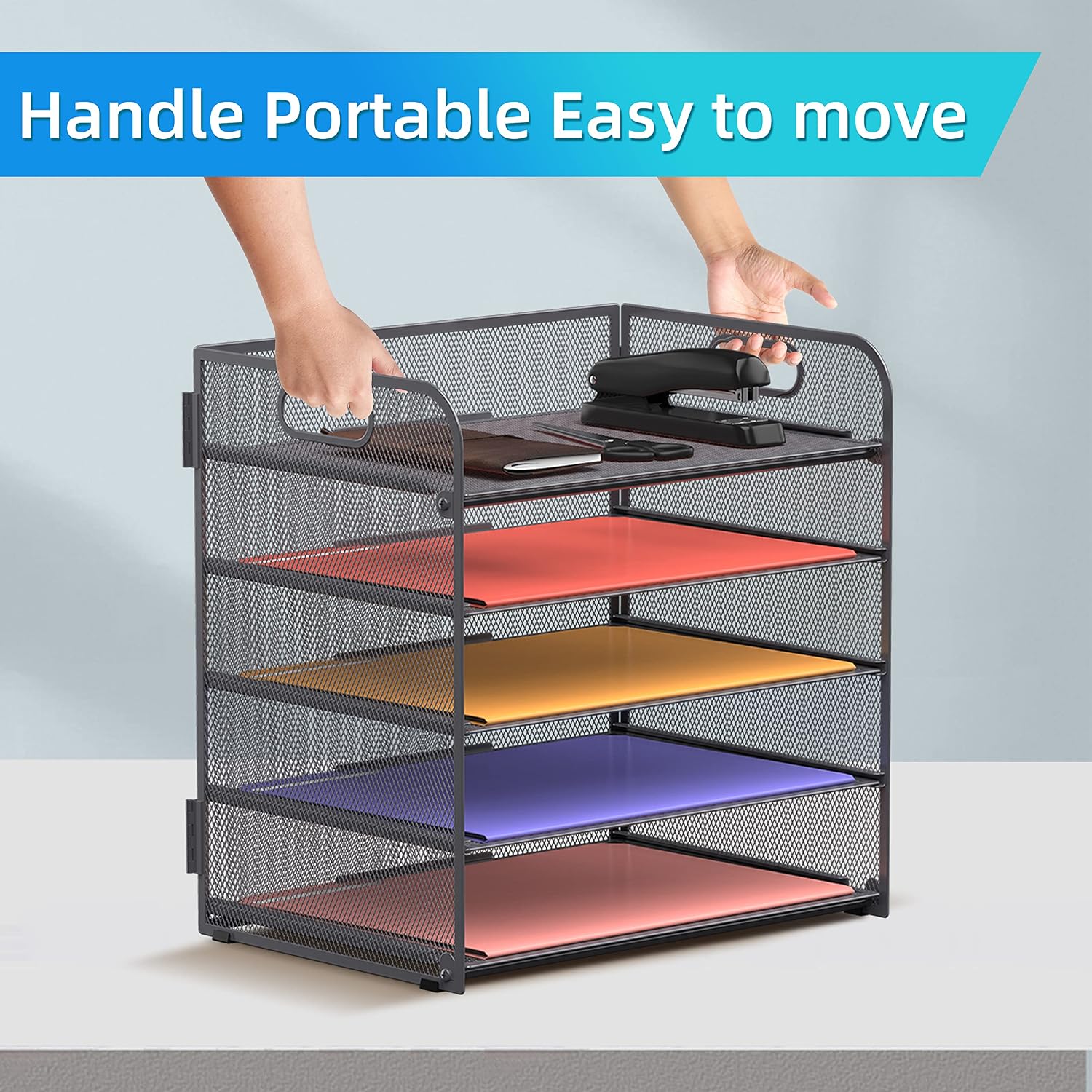 5 Trays Paper Organizer Letter Tray with Handle-Mesh Desk File Organizer, Grey Paper Sorter Desk Organizer for Office
