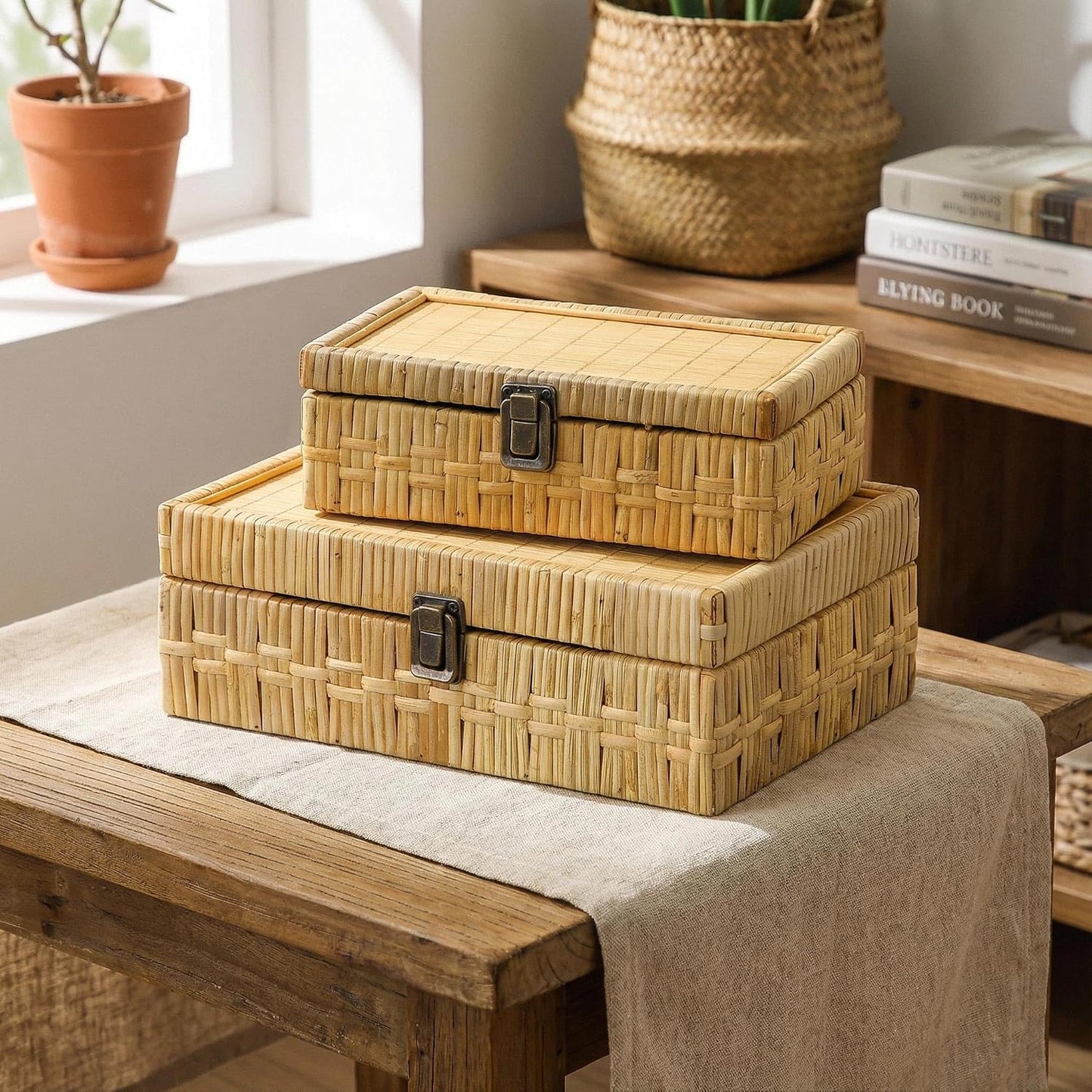 Woven Bins / Boho Decorative Basket / Brown / Set of 2