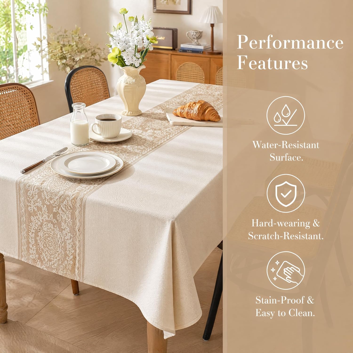 Nordic Beige Linen Tablecloth, Heavy-Duty Rectangle Cover | Spill-Resistant & Wrinkle Free Elegant Drape Table