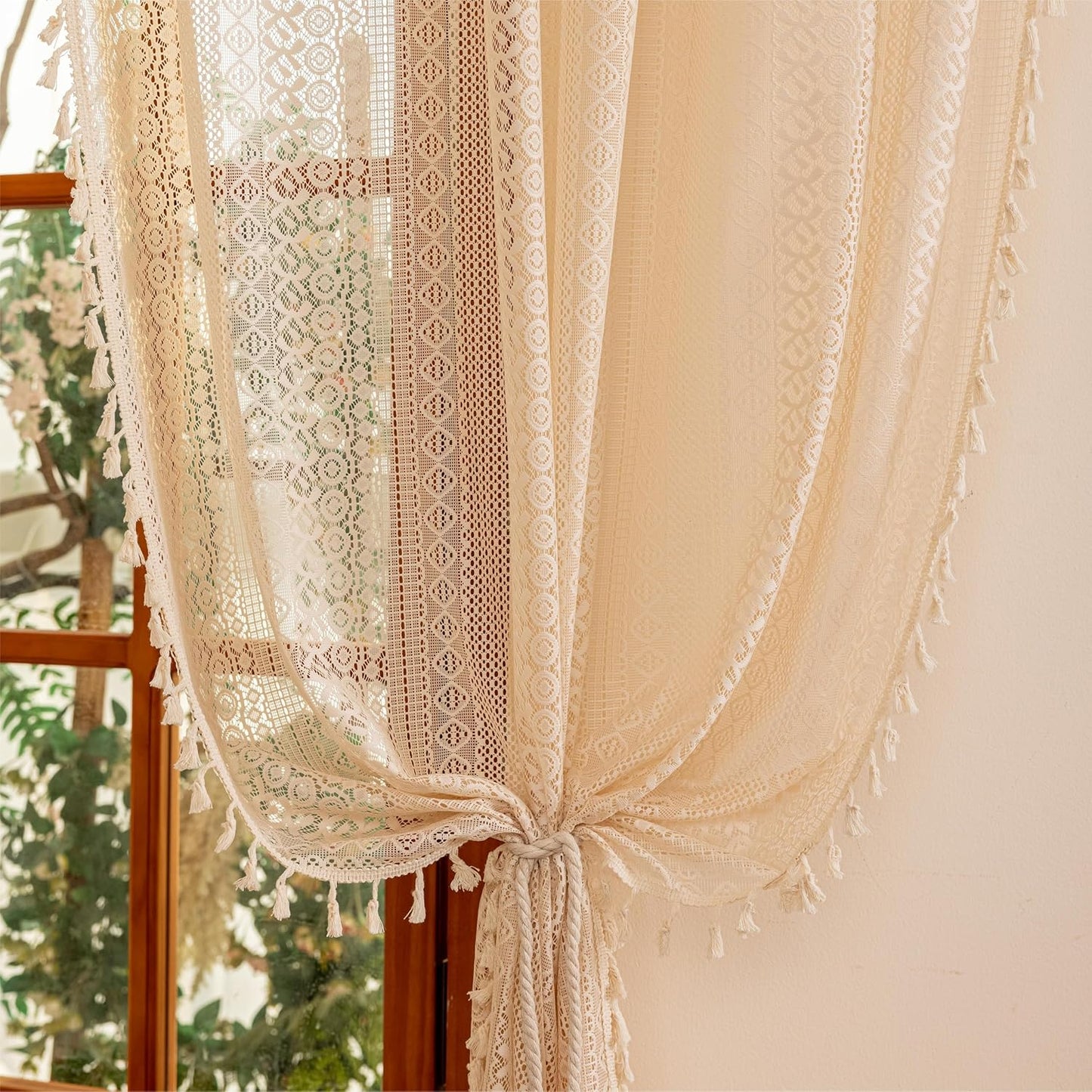 Boho Lace Curtains Long / Beige / 50"W x 84"L / 84 Inch / Set of 2