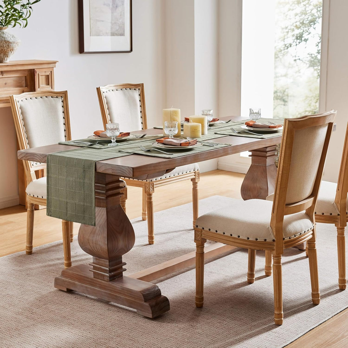 Linen Checked Farmhouse Placemats Set of 6, Olive 13x19in | Double Layer, Reversible, Thick Textured Table Mats, Raised