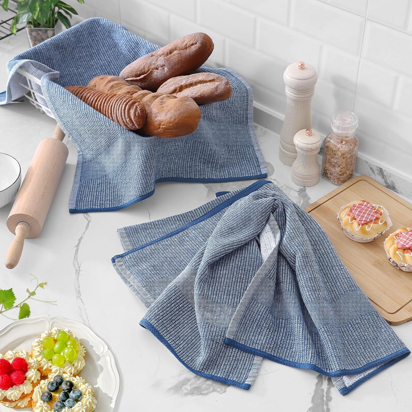 Homaxy 380 GSM Cotton Premium Kitchen Towels 6 Pack, 18"x 28", Navy Blue | Flat and Terry Dish Towels, Highly Absorbent
