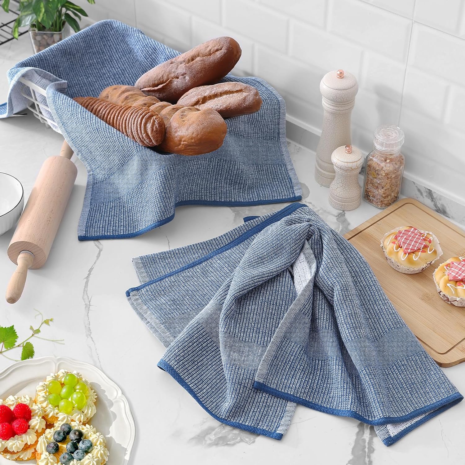 Homaxy 380 GSM Cotton Premium Kitchen Towels 6 Pack, 18"x 28", Navy Blue | Flat and Terry Dish Towels, Highly Absorbent