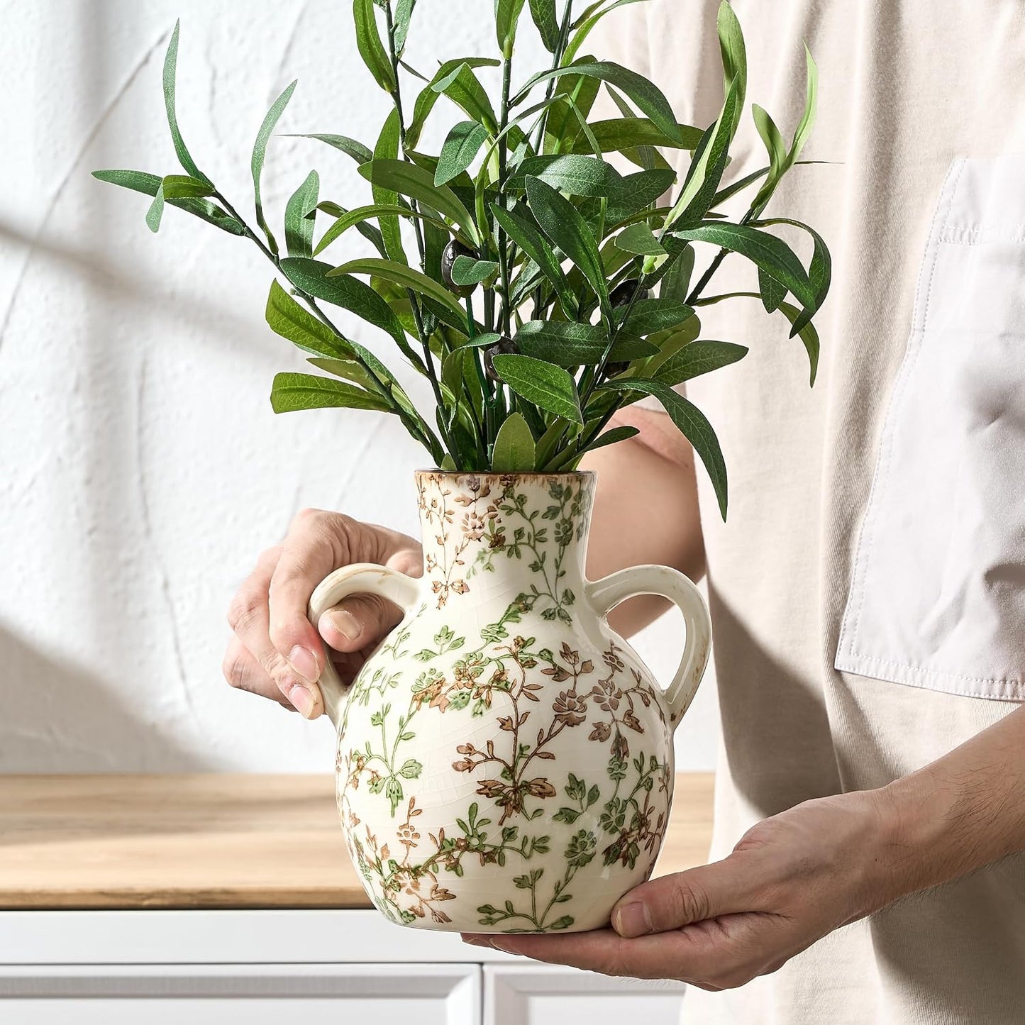 Ice Cracked Vintage Pastoral Vase / 18785-green and Beige / 7 Inch