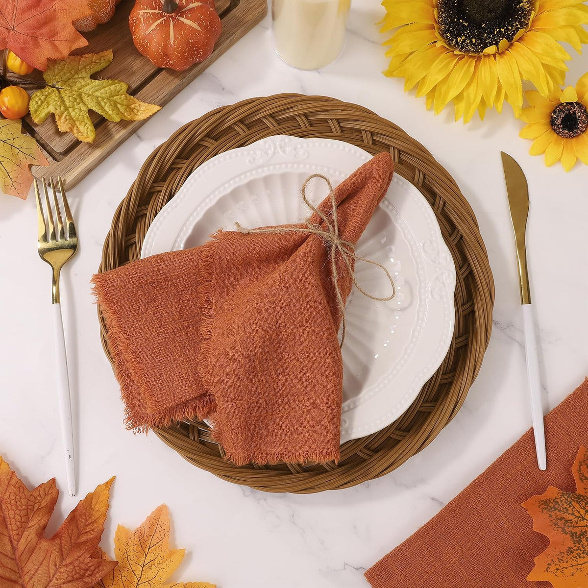 TURSTIN 24 Pieces Thanksgiving Cotton Linen Cloth Napkin Handmade Cloth | Fall Napkin with Fringe 17 x 17 Inch Soft