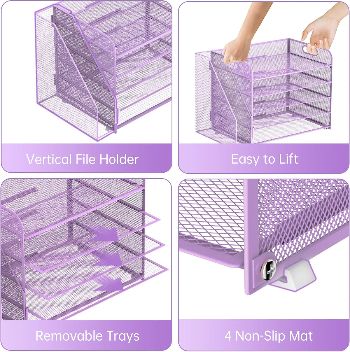 5-Tier Desk Organizer with File Holder, Paper Organizer for Desk, Purple | 5 Letter Trays and Vertical File Holder with