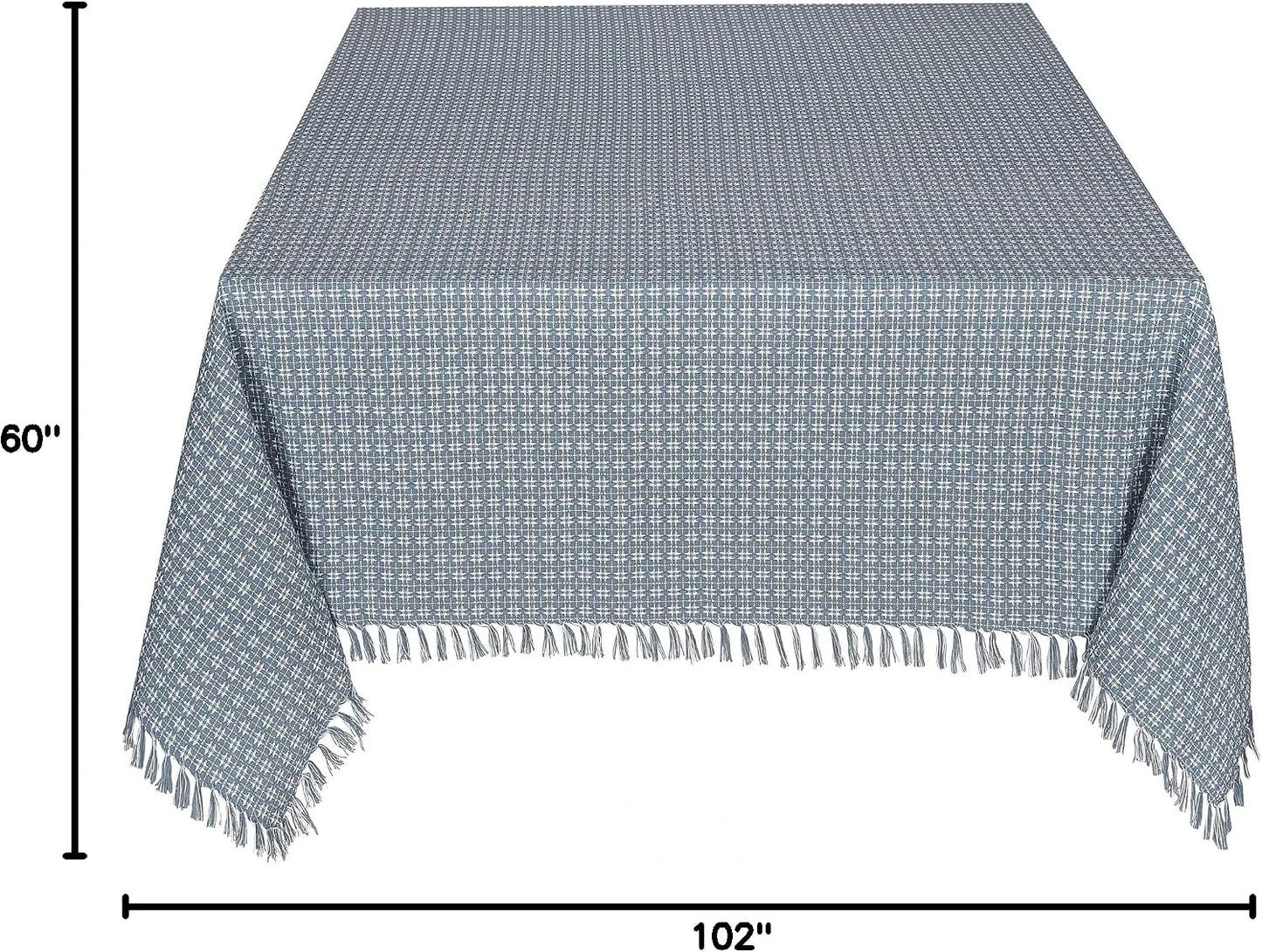 Table Cloth, Wedgewood Blue/White Woven Fringed, 100% Cotton Table Cover, Size 60x102 Inch, Suitable for Formal Dining