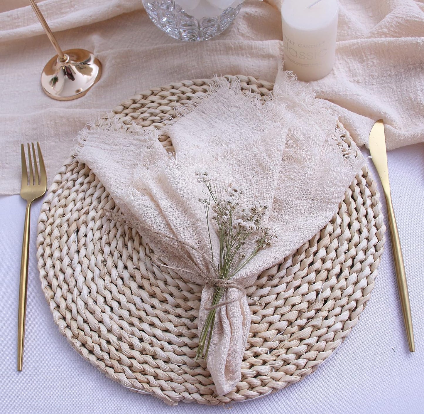 Fall Cloth Napkins with Fringe Set of 12, Soft Cotton, 16 x 16 Inch, Beige | Boho Rustic Dinner Napkins, Reusable