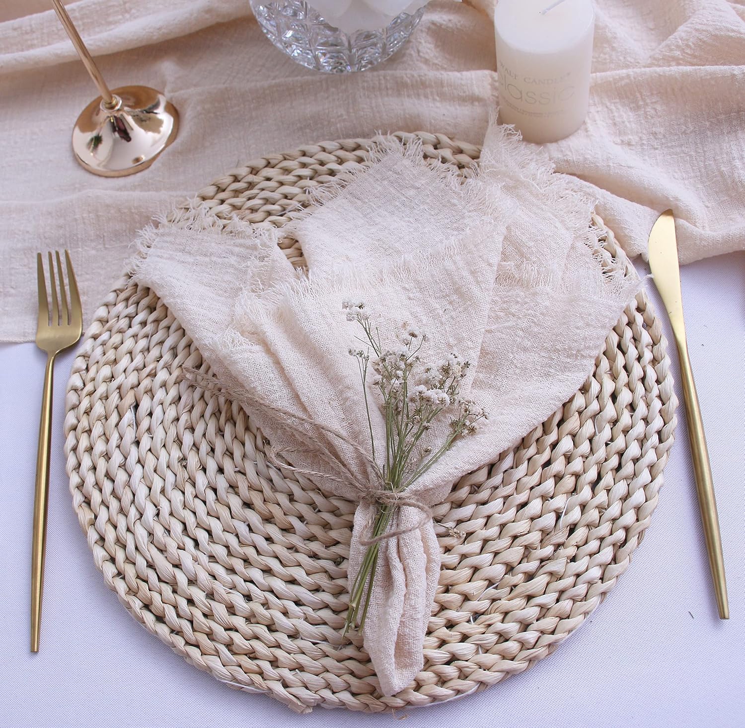 Fall Cloth Napkins with Fringe Set of 12, Soft Cotton, 16 x 16 Inch, Beige | Boho Rustic Dinner Napkins, Reusable