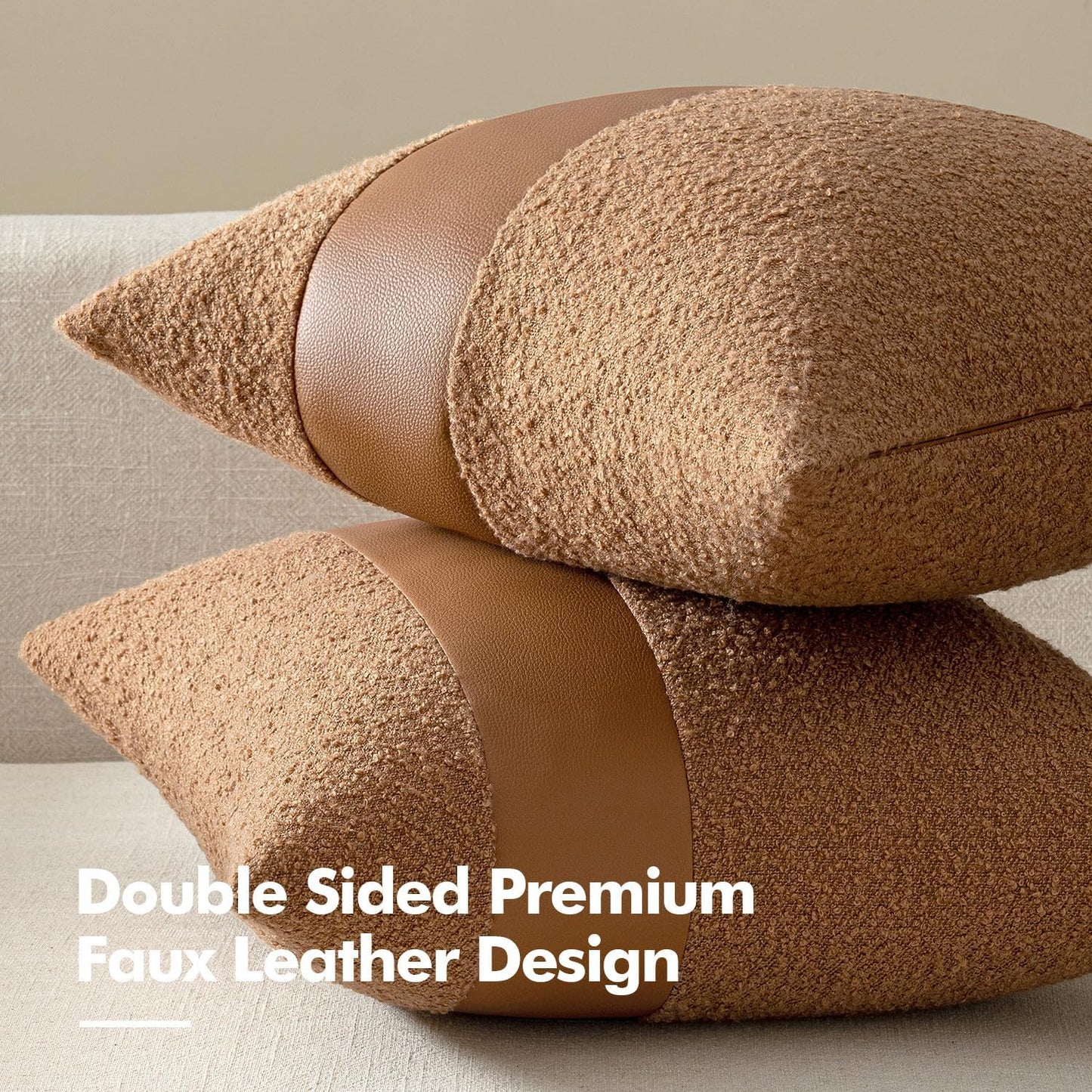 Boucle Throw Pillow Covers Faux Leather Textured Decorative Pillow / 18 x 18 / Brown / Set of 2