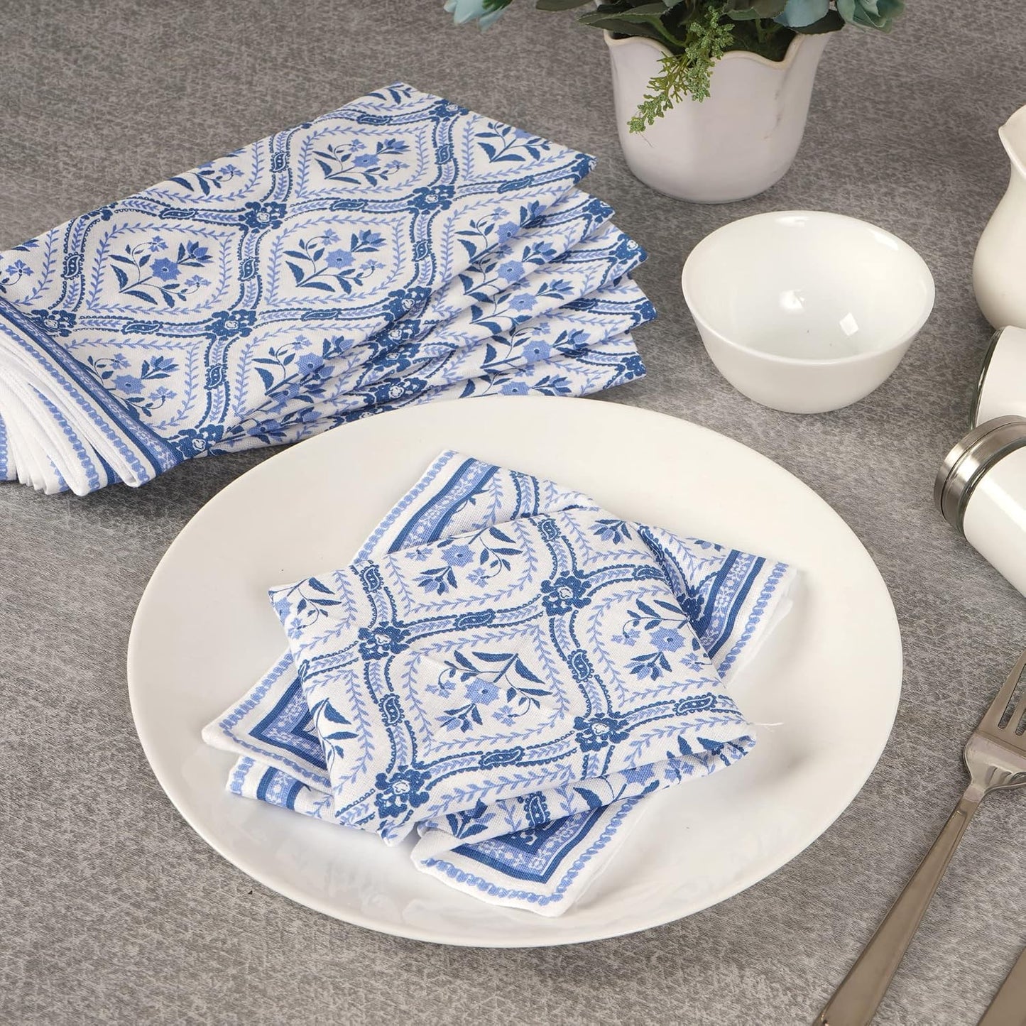 FINGERCRAFT Cloth Napkins Set of 12 Cotton Linen, 20x20 Inch, Damask Blue | Mitered corner, washable, soft, absorbent